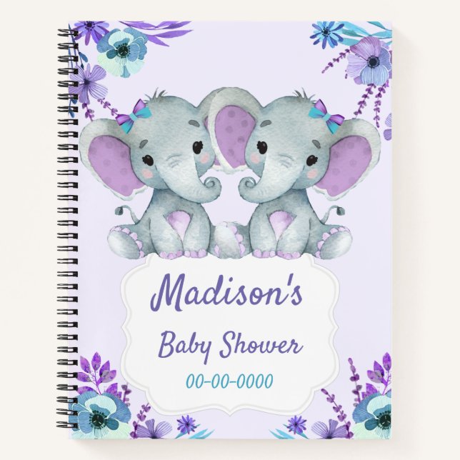 Purple Twins Elephant Baby shower de livre mémoire (Devant)