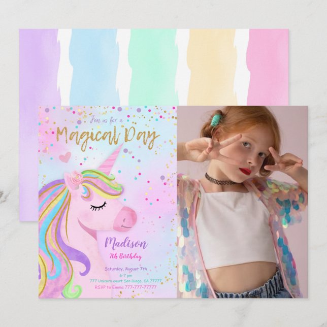 Purple Unicorn Anniversaire Photo Invitation (Devant / Derrière)