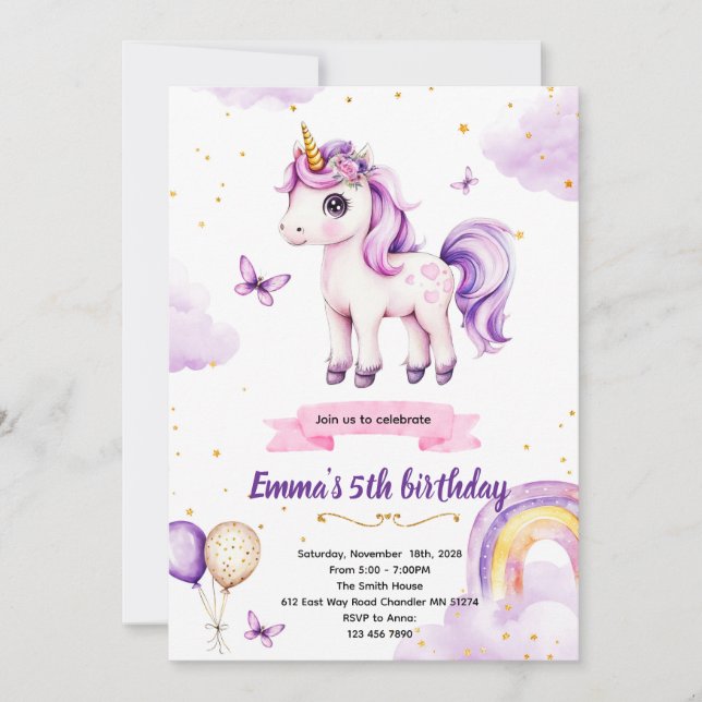Purple unicorn birthday party invitation (Devant)