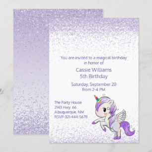 Purple Unicorn Girls Birthday Party Invitation