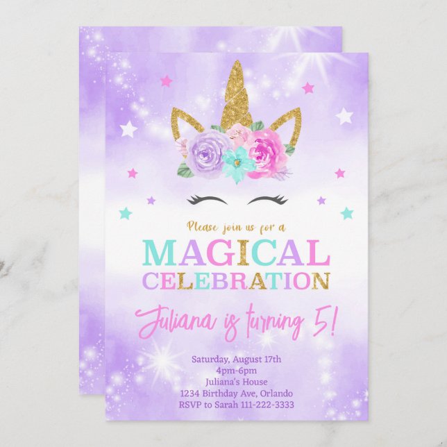 Purple Unicorn Invitation Anniversaire (Devant / Derrière)