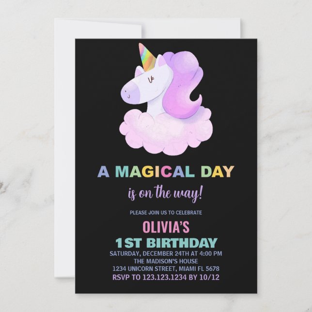 Purple Unicorn Invitations d'anniversaire (Devant)