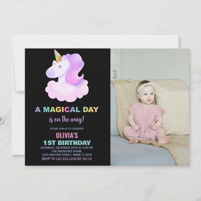 Purple Unicorn Invitations d'anniversaire avec pho (Devant)