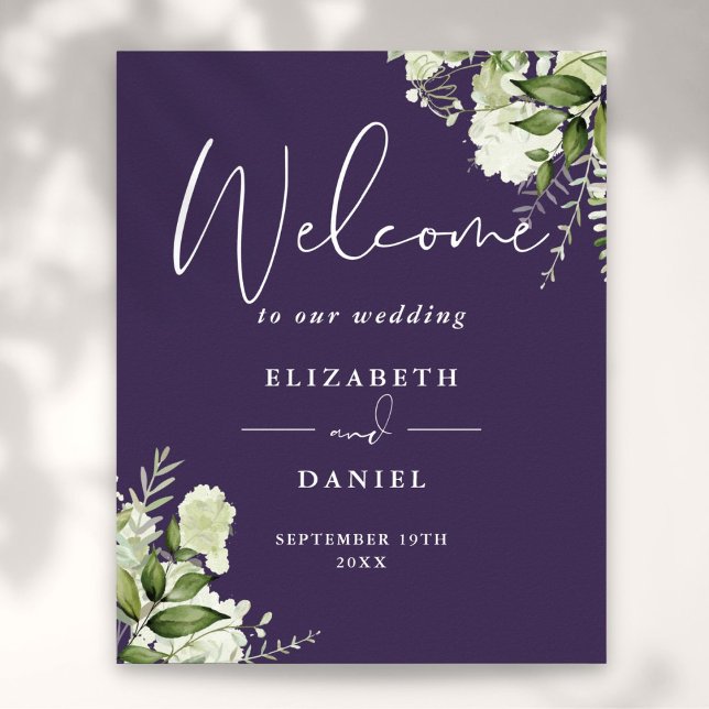 Purple verdure Floral Mariage Affiche de bienvenue (Purple Greenery Floral Wedding Welcome Sign)