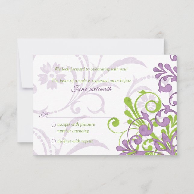 Purple Vert Blanc Abstrait Floral Wedding rsvp (Devant)