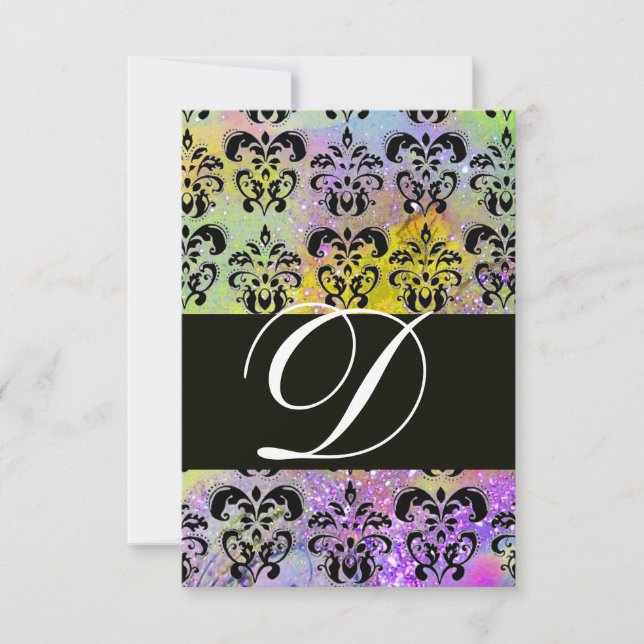 PURPLE VERT JAUNE NOIR DAMASK MONOGRAM RSVP (Devant)