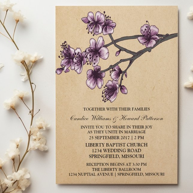 Purple Vintage Cerise Fleurs Mariage Invitation (Purple Vintage Cherry Blossoms Wedding Invite)