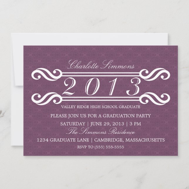 Purple Vintage Damask 2013 Graduation Invitation (Devant)