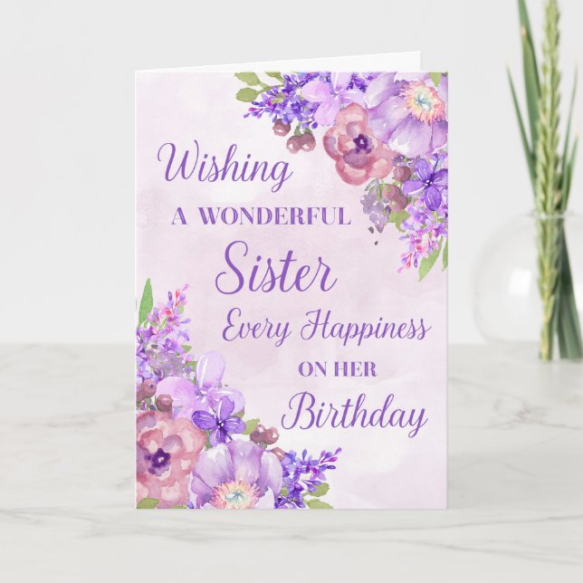 Purple Watercolor Flowers Soeur Carte d'anniversai (Devant)
