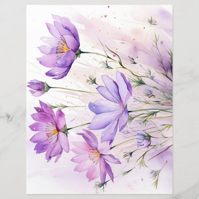 Purple Watercolor Wildflowers Scrapbook Papers (Devant)
