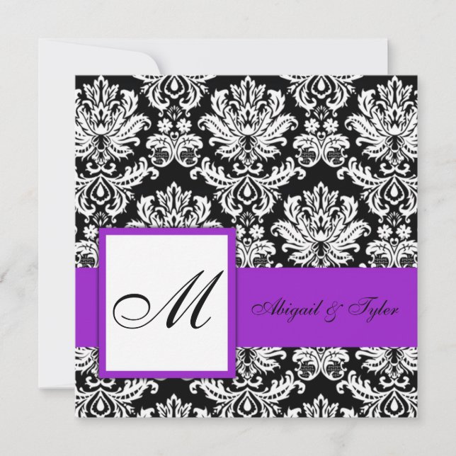Purple Wedding Monogram Damask Invitation (Devant)