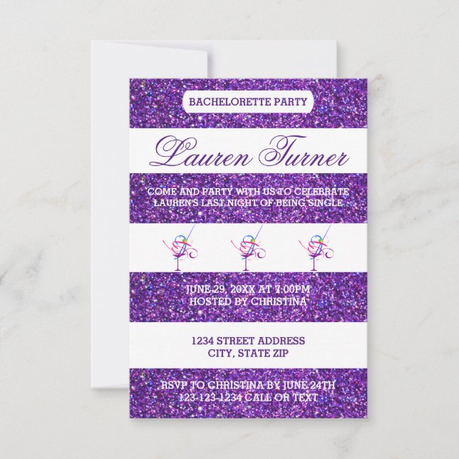 Purple & White Stripes-3x5 Bachelorette Invitation (Devant)