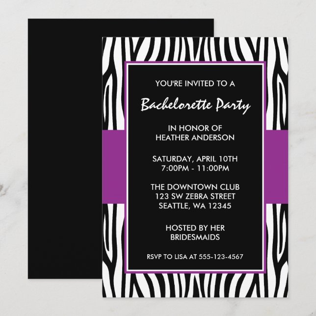 Purple Zebra Bachelorette Invitations (Devant / Derrière)