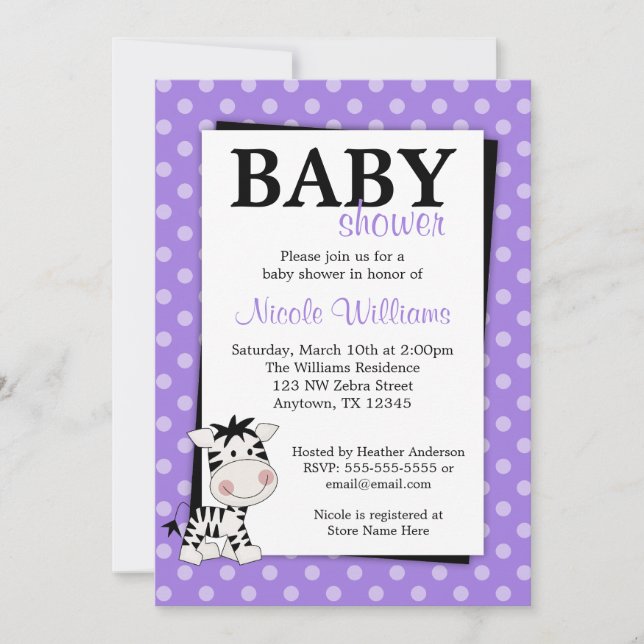 Purple Zebra Polka Dot Baby Shower Invitations (Devant)