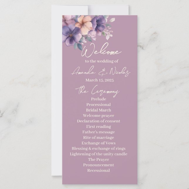 Purply, fleurs roses sur le programme de mariage (Devant)