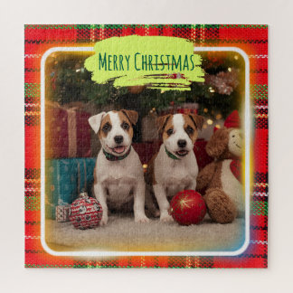 PUZZLE チェック柄がかわいいジャックラッセルテリアの子犬たちとクリスマス♡