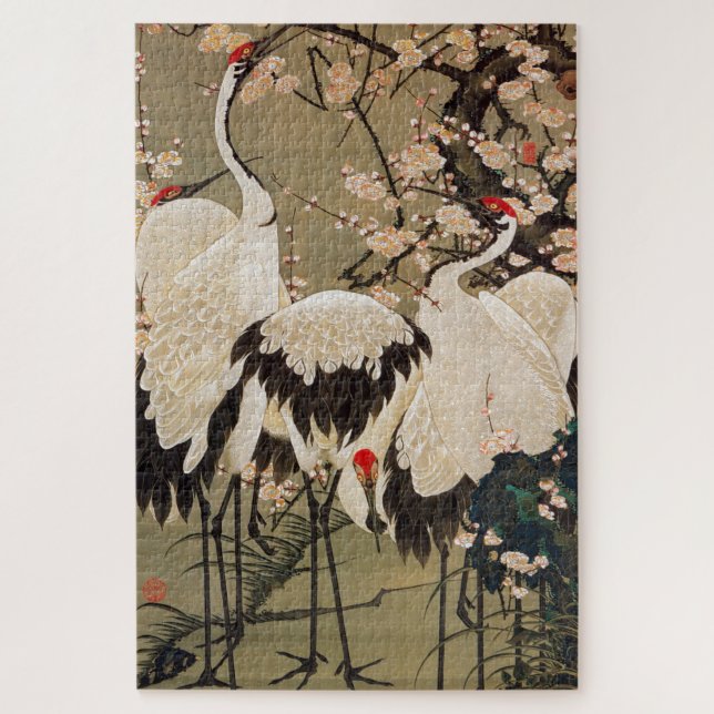 Puzzle 梅 花 群 鶴 図, 若 Plum Blossoms & Cranes, Jakuchu, 冲 (Vertical)