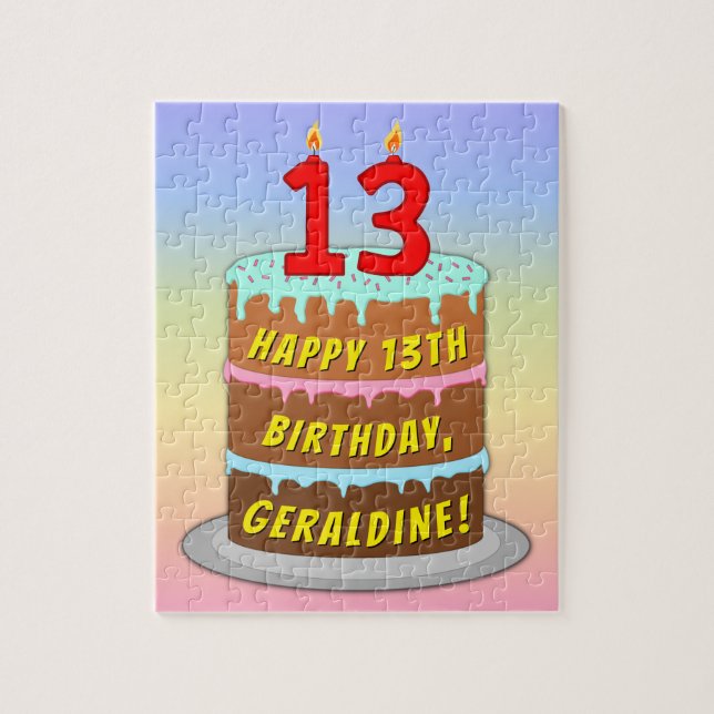 Puzzle 13th Birthday: Fun Cake and Candles + Custom Name (Vertical)