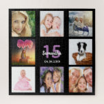 Puzzle 15e anniversaire 15 photo collage fille noir<br><div class="desc">Un cadeau pour le 15ème anniversaire d'une fille,  célébrant sa vie avec un collage de 8 de vos photos. Modèles pour un nom,  15 ans et une date. Date de naissance ou date d'anniversaire. Lettres violettes et blanches. Couleur arrière - plan noire chic.</div>