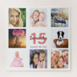 Puzzle 15e anniversaire photo collage fille blanche<br><div class="desc">Un cadeau pour le 15ème anniversaire d'une fille,  célébrant sa vie avec un collage de 8 de vos photos.  Modèles pour un nom,  15 ans et une date.  Date de naissance ou date d'anniversaire.  Corail et lettres bordeaux.  Arrière - plan blanc.</div>