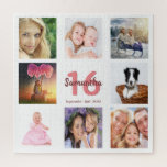 Puzzle 16e anniversaire photo collage blanc fille<br><div class="desc">Un cadeau pour le 16ème anniversaire d'une fille,  célébrant sa vie avec un collage de 8 de vos photos.  Modèles pour un nom,  16 ans et une date.  Date de naissance ou date d'anniversaire.  Corail et lettres bordeaux.  Arrière - plan blanc.</div>