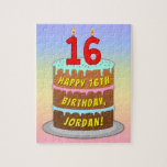 Puzzle 16th Birthday: Fun Cake and Candles   Custom Name<br><div class="desc">This colorful and joyful birthday jigsaw puzzle design features a cartoon-style depiction of a three-tier birthday cake having number-shaped candles on top showing the age “16“, along with the message “HAPPY 16TH BIRTHDAY, ”, and an editable recipient name. The background has a multi-color pastel rainbow spectrum inspired gradient pattern. A...</div>