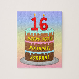 Puzzle 16th Birthday: Fun Cake and Candles + Custom Name