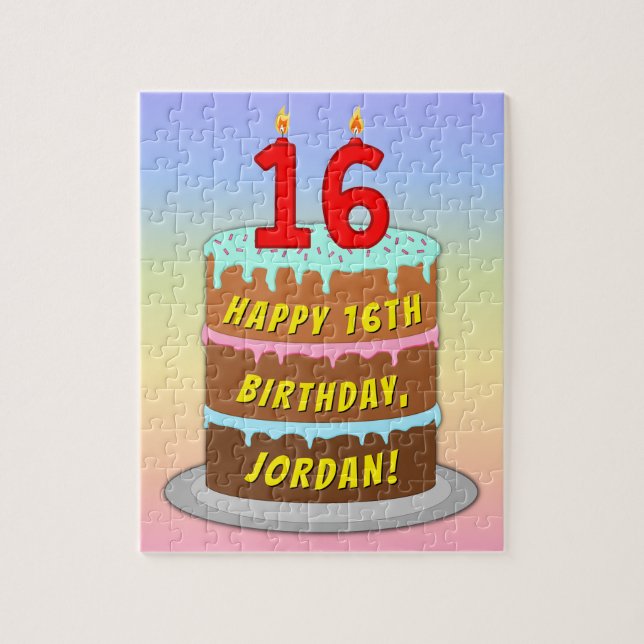 Puzzle 16th Birthday: Fun Cake and Candles + Custom Name (Vertical)