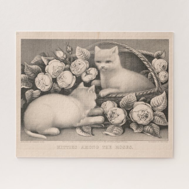 Puzzle 16x20 Kitties Parmi Les Roses - Currier & Ives Cat (Horizontal)