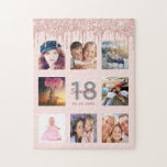 Puzzle 18th birthday glitter drips photo rose gold pink<br><div class="desc">A glamorous and unique 18th birthday gift or keepsake, celebrating her life with a collage of 8 of your photos. Personalize and add a name, age 18 and a date. Gray and dark rose gold colored letters. Elegant and trendy blush pink background color. Decorated with rose gold colored faux glitter...</div>