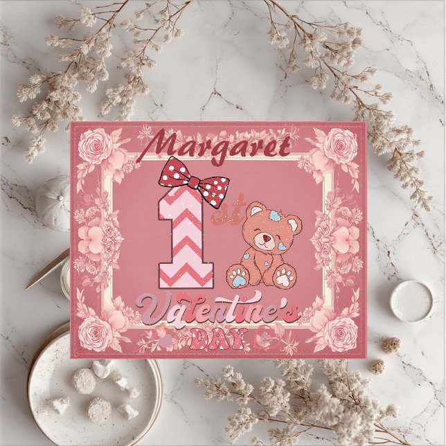 Puzzle 1er ours en peluche de la Saint-Valentin avec ruba (1st Valentine's Day Teddy Bear Bow Floral Motifs Jigsaw Puzzle)