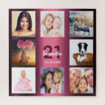 Puzzle 21e anniversaire 21 photo collage fille femme viol<br><div class="desc">Un cadeau pour une fille, le 21ème anniversaire de la jeune femme, célébrant sa vie avec un collage de 8 de vos photos. Modèles pour un nom, 21 ans et une date. Date de naissance ou date d'anniversaire. Lettres violettes foncées et blanches. Couleur arrière - plan de dégradé violet féminin...</div>