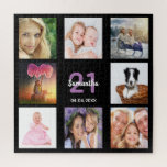 Puzzle 21e anniversaire 21 photo collage fille noir<br><div class="desc">Un cadeau pour le 21ème anniversaire de la jeune femme d'une fille,  célébrant sa vie avec un collage de 8 de vos photos.  Modèles pour un nom,  21 ans et une date.  Date de naissance ou date d'anniversaire.  Lettres violettes et blanches. Couleur arrière - plan noire chic.</div>