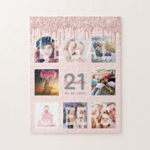 Puzzle 21st birthday glitter drips photo rose gold pink