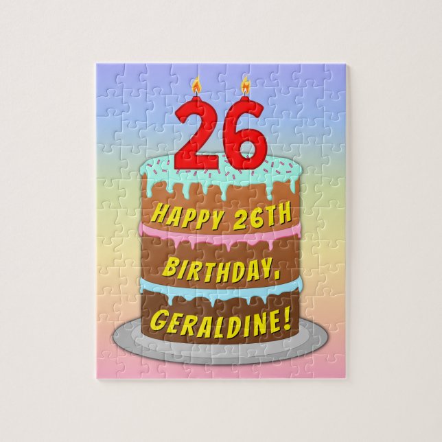 Puzzle 26th Birthday: Fun Cake and Candles + Custom Name (Vertical)