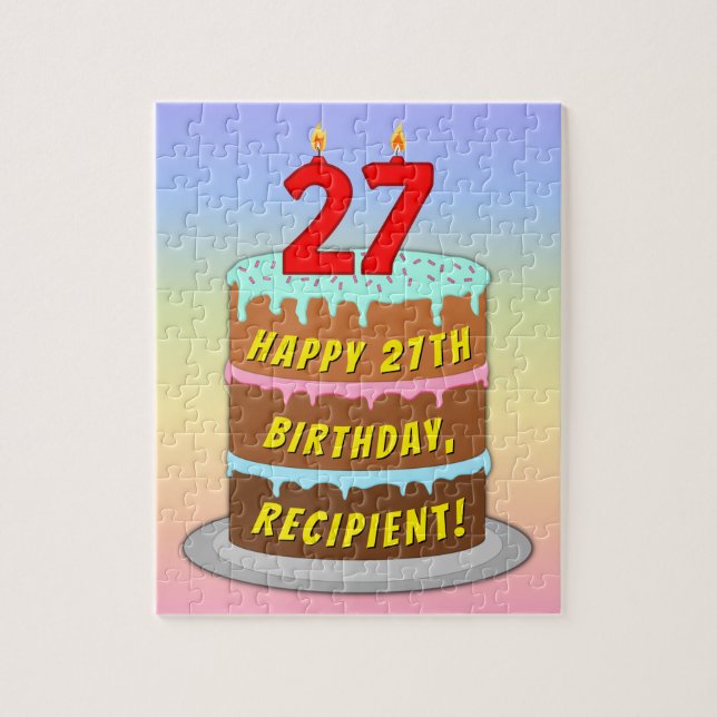 Puzzle 27th Birthday: Fun Cake and Candles + Custom Name (Vertical)