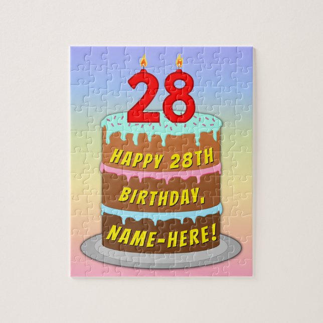 Puzzle 28th Birthday : Fun Cake and Candles + Custom Name (Vertical)