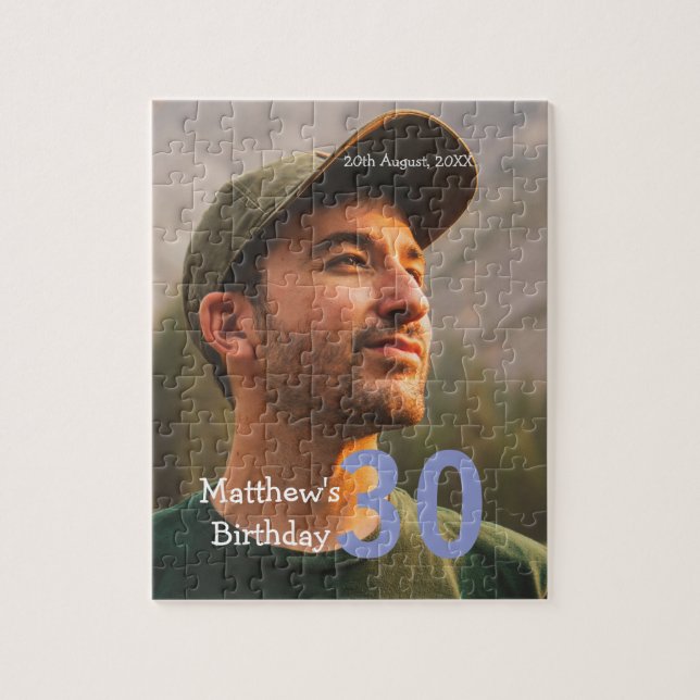 Puzzle 30e anniversaire ajouter nom photo date homme bleu (Vertical)