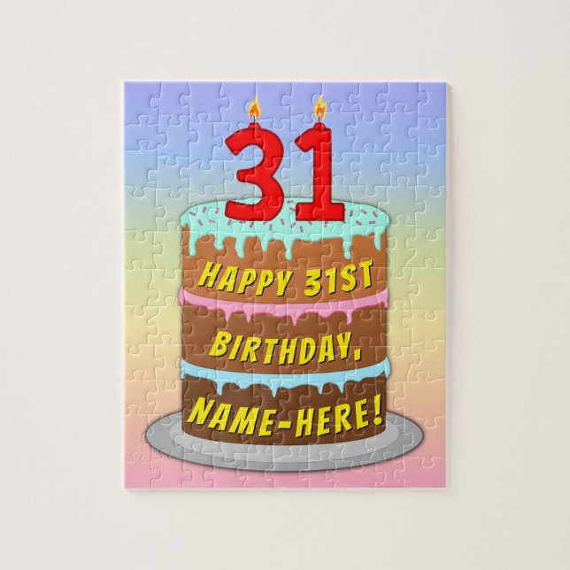 Puzzle 31st Birthday: Fun Cake and Candles + Custom Name (Vertical)