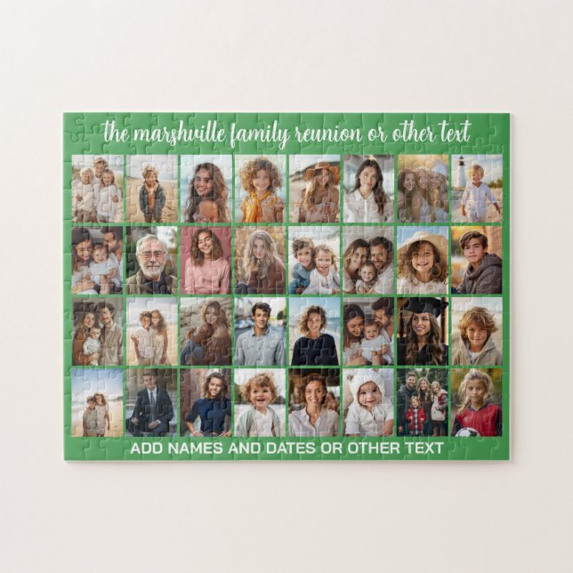 Puzzle 32 Collage de photos - Moderne Vert avec Texte (Horizontal)