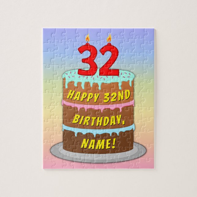 Puzzle 32e anniversaire : Fun Cake and Candles + Nom pers (Vertical)