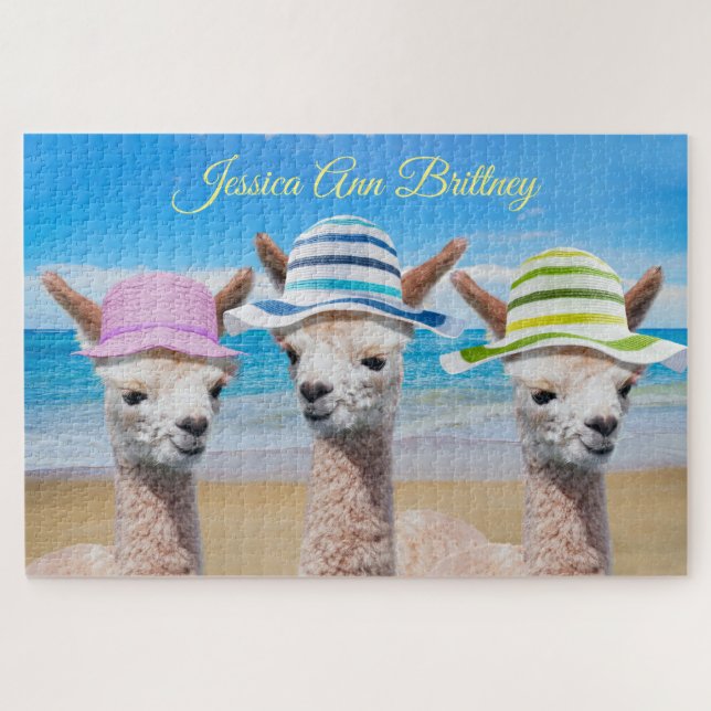 Puzzle 3 Alpacas Sur La Plage En Casquettes Solaires, do- (Horizontal)