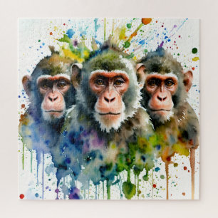 Puzzle 3 singes colorés aquarelle Art