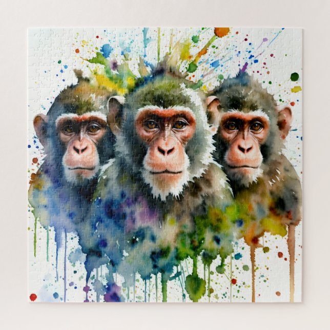 Puzzle 3 singes colorés aquarelle Art (Vertical)
