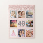 Puzzle 40th birthday glitter drips photo rose gold pink<br><div class="desc">A glamorous and unique 40th birthday gift or keepsake, celebrating her life with a collage of 8 of your photos. Personalize and add a name, age 40 and a date. Gray and dark rose gold colored letters. Elegant and trendy blush pink background color. Decorated with rose gold colored faux glitter...</div>