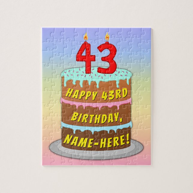 Puzzle 43rd Birthday: Fun Cake and Candles + Custom Name (Vertical)