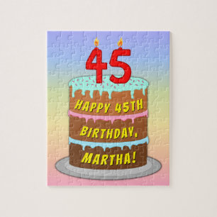 Puzzle 45th Birthday: Fun Cake and Candles + Custom Name