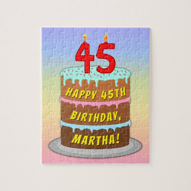 Puzzle 45th Birthday: Fun Cake and Candles + Custom Name (Vertical)