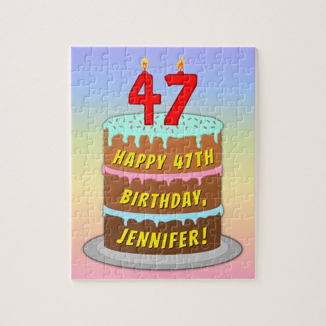 Puzzle 47th Birthday: Fun Cake and Candles + Custom Name (Vertical)