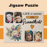Puzzle 4 petits-enfants photo floral orange<br><div class="desc">Éclairez votre journée avec notre magnifique puzzle floral ! Doté de quatre beaux emplacements photo pour présenter vos moments préférés de petits-enfants, ce puzzle est la façon parfaite de célébrer la famille. Orné de fleurs vibrantes et du message sincère "La vie est meilleure avec les petits-enfants" dans un texte noir...</div>
